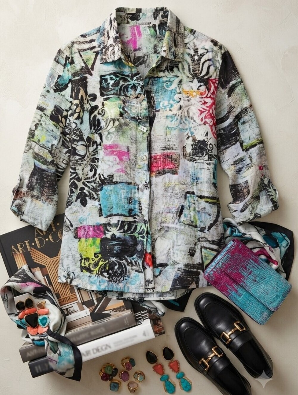 Ali Miles Wearable Art Button Down Collared Shirt Blouse